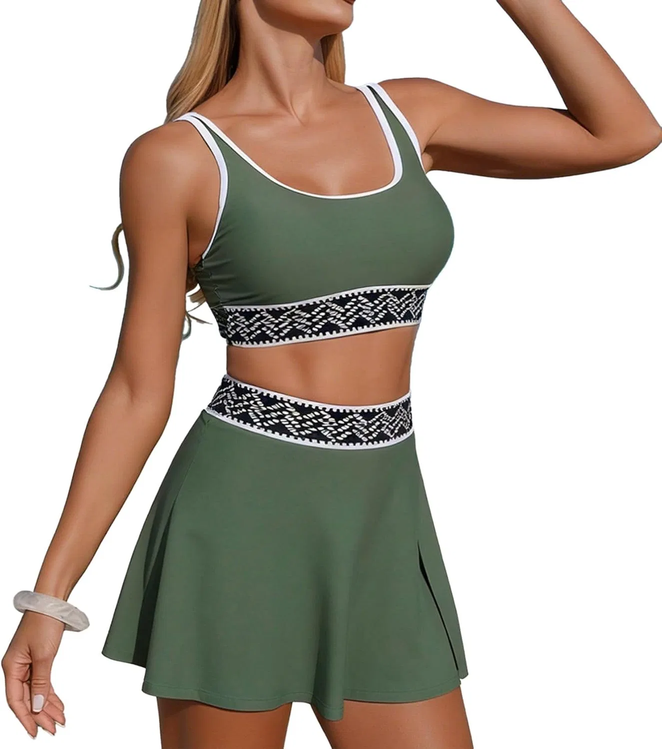 Пляжный бикини-комплект, женский купальник из двух частей: топ с укороченным вырезом и U-образным вырезом, плавки с юбкой, скромный купальник