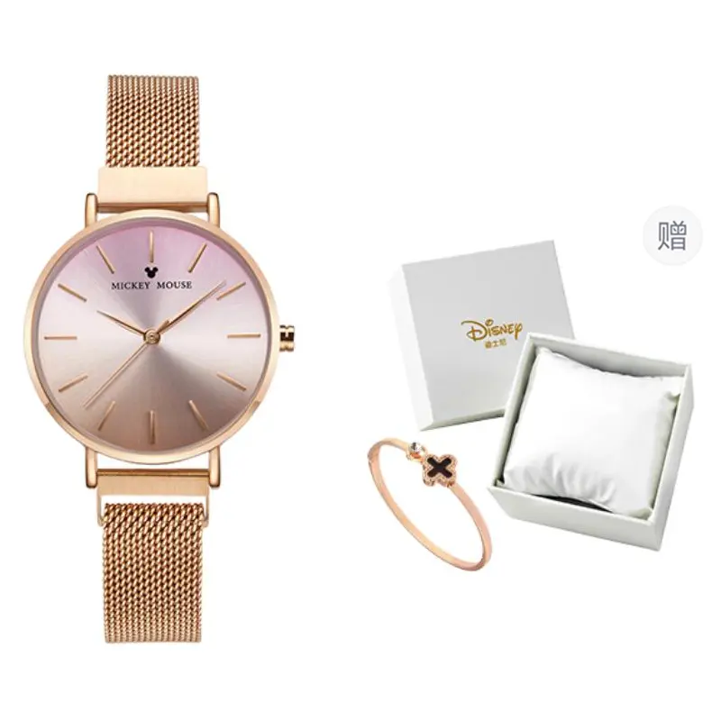 

Disney Часы Quartz Movement Metal Strap Watch Women's Watch White Dial, MK-11283RG[Heartbeat Box Four-Leaf Clover Bangle Set]