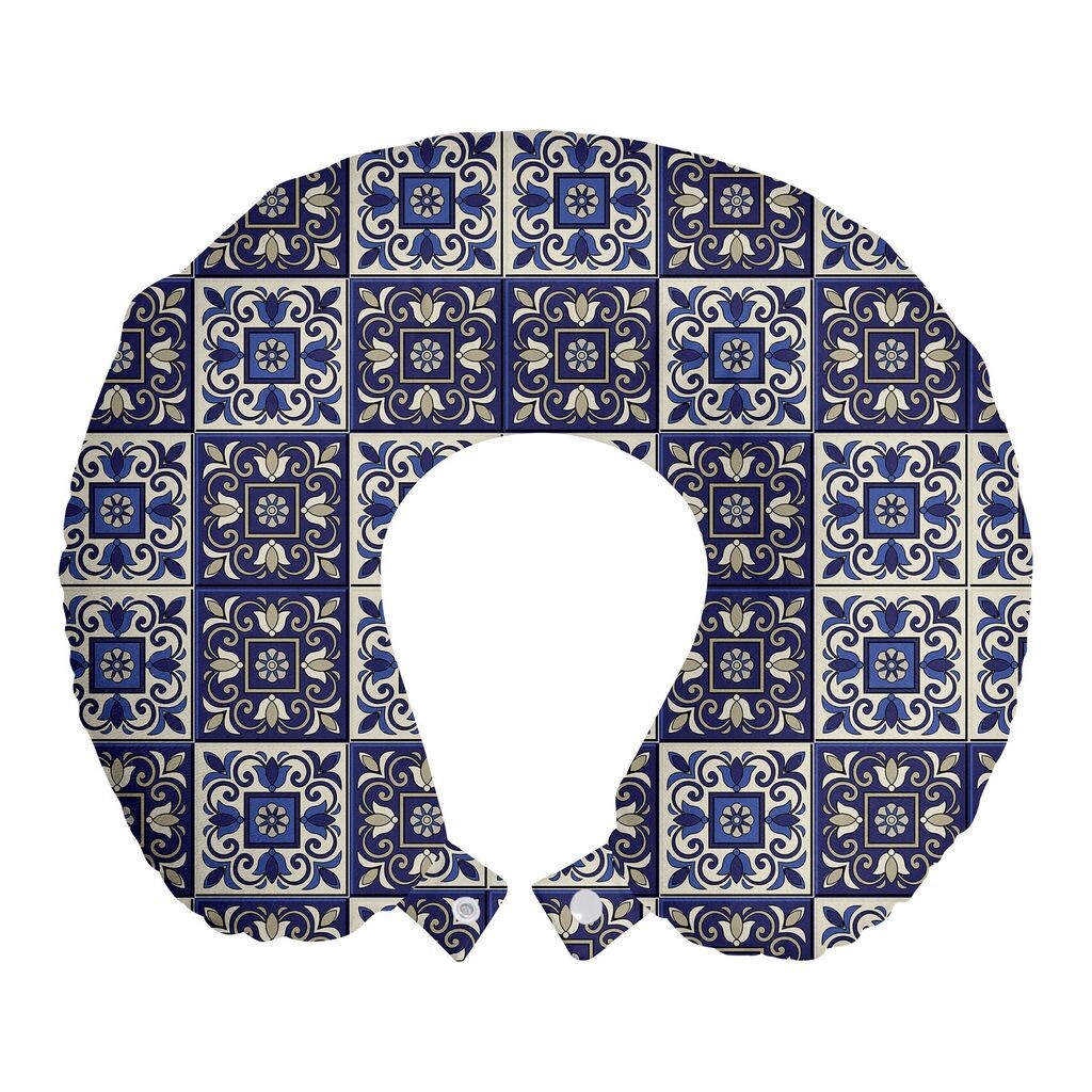

ABAKUHAUS Марокканская подушка для путешествий, поддержка шеи, квадраты Azulejos, пенопластовые дорожные принадлежности для самолета и автомобиля, 30x30 см, темно-синий, бежевый
