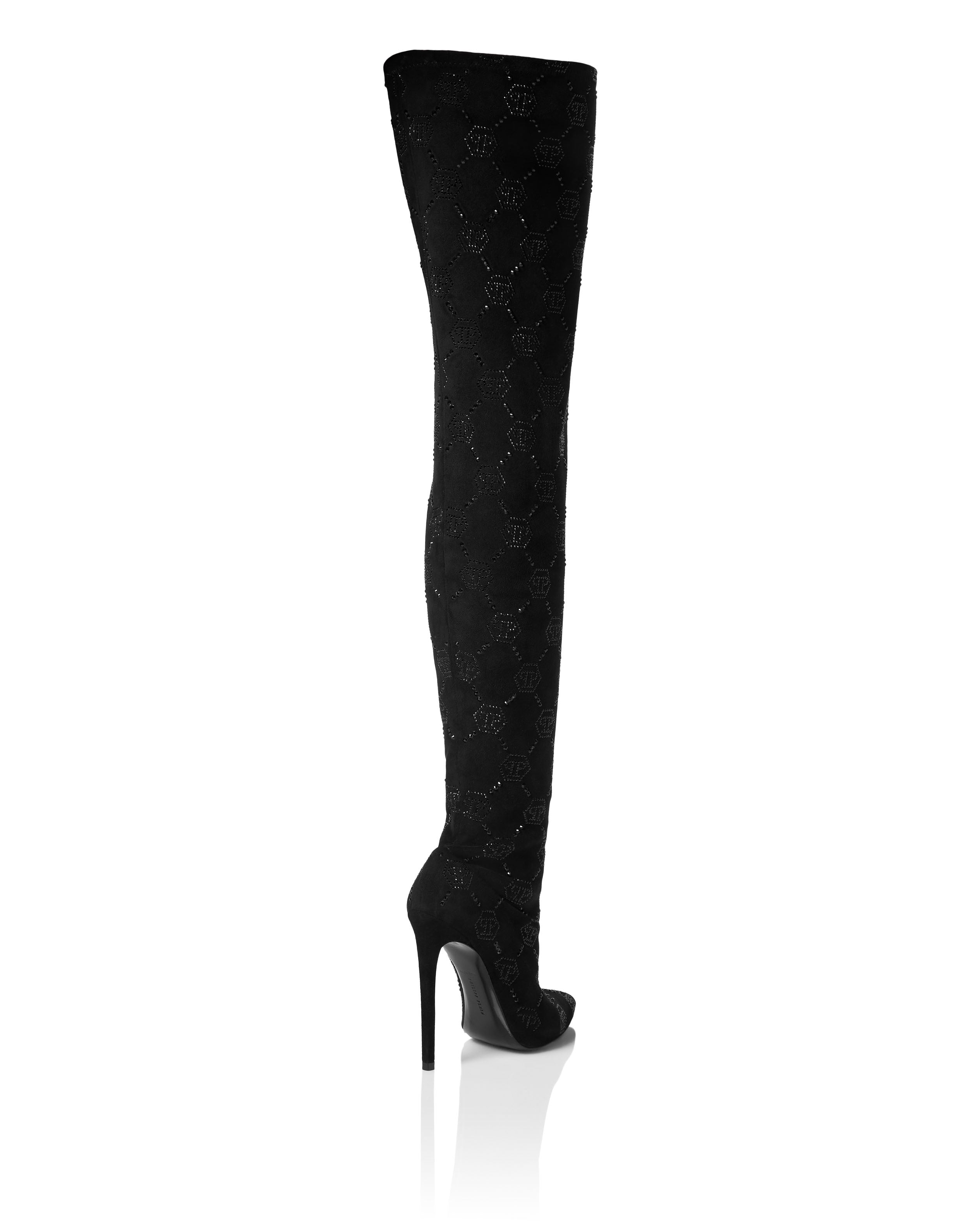 Замшевые эластичные сапоги на высоком каблуке Plein Overknees с монограммой PHILIPP PLEIN, черный — фото 3