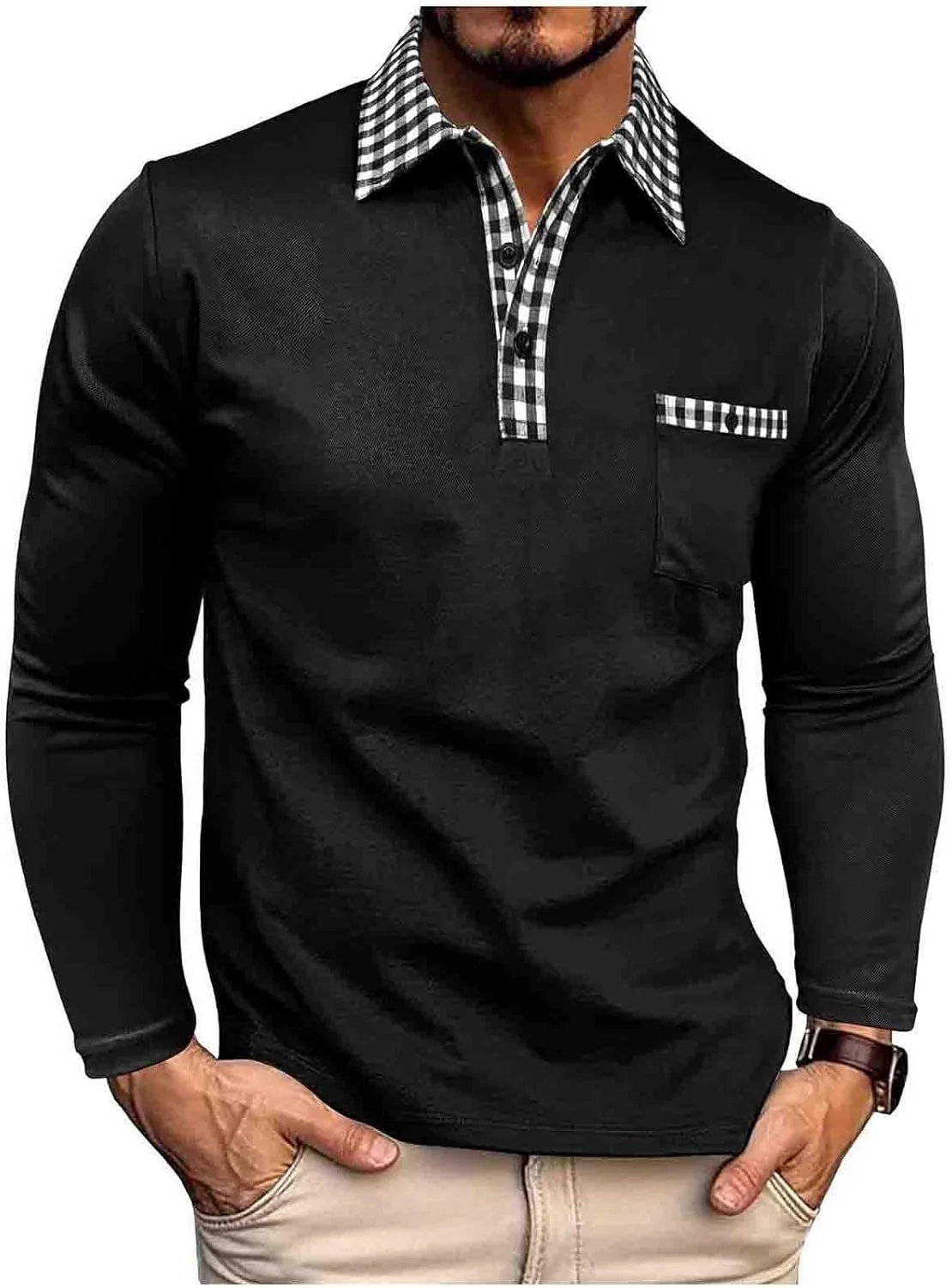 

Мужская поло Slim Fit с длинным рукавом, классическая клетка и карманом