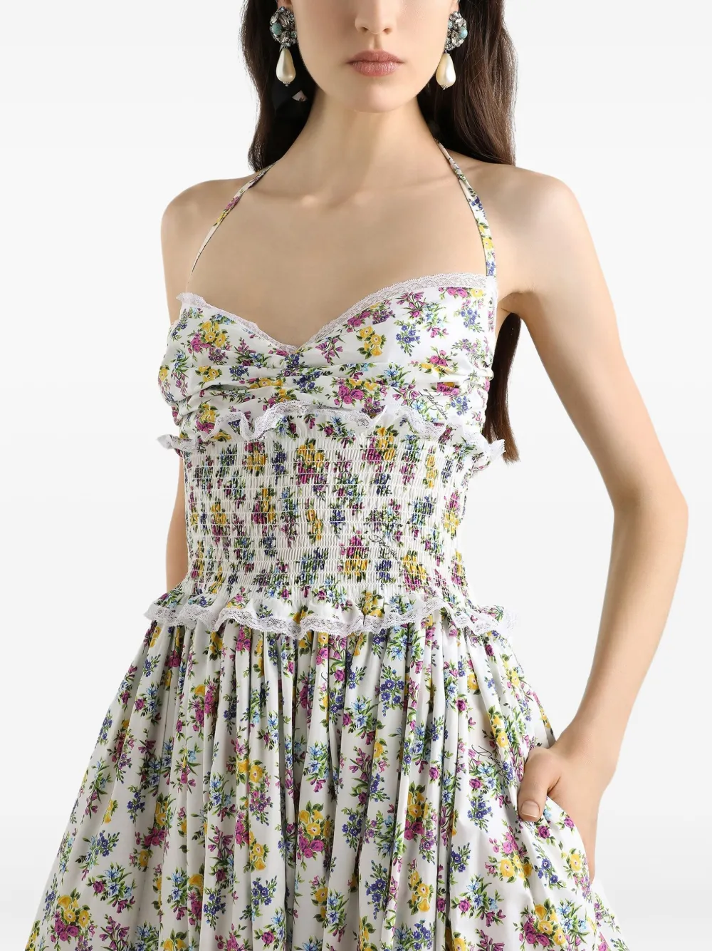 Платье макси с цветочным принтом и оборками DOLCE & GABBANA, белый — фото 4