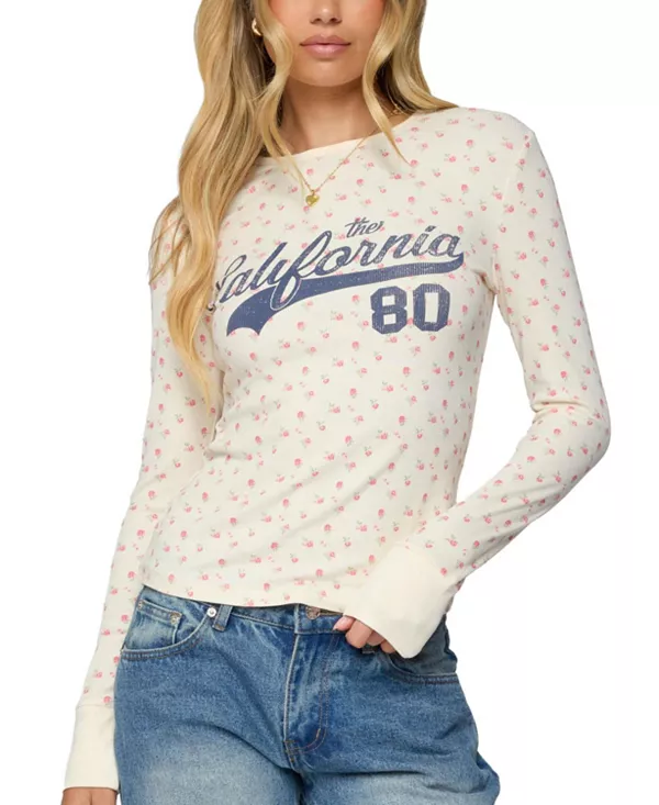 

Футболка с длинными рукавами в рубчик с цветочным принтом в калифорнийском стиле Edikted, белый