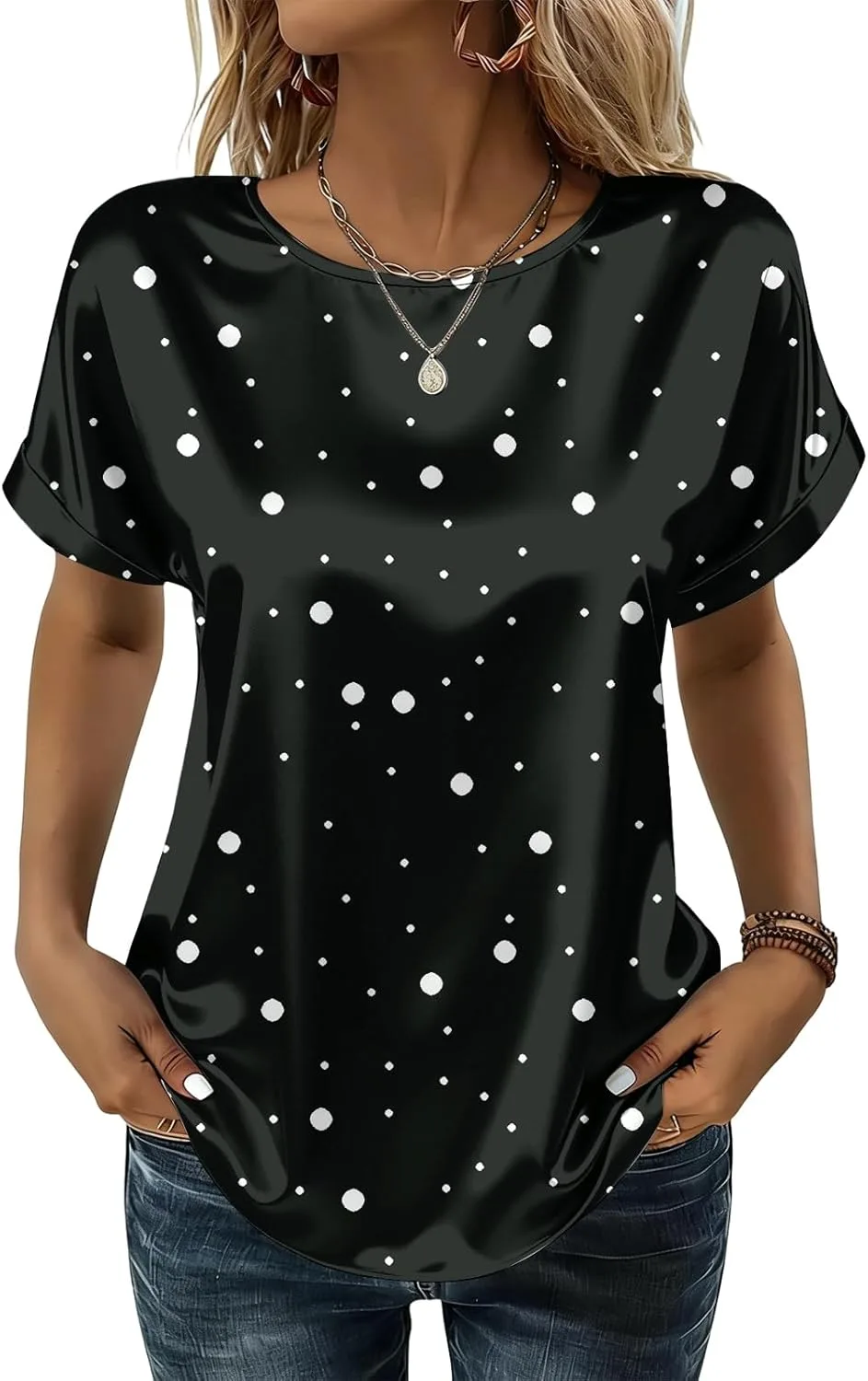 

Женская блузка с круглым вырезом и коротким рукавом, свободного кроя, с принтом, из шелка