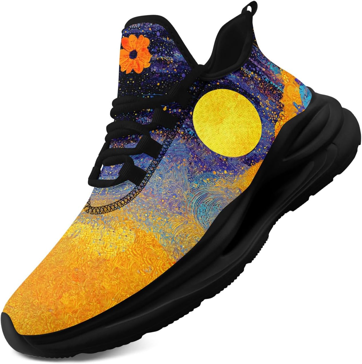 

Легкие кроссовки AWSOLE с принтом Солнце, Луна, Звезда для женщин и мужчин, дышащая сетка, для бега и ходьбы, модные, комфортные тренировочные, черный/желтый/фиолетовый