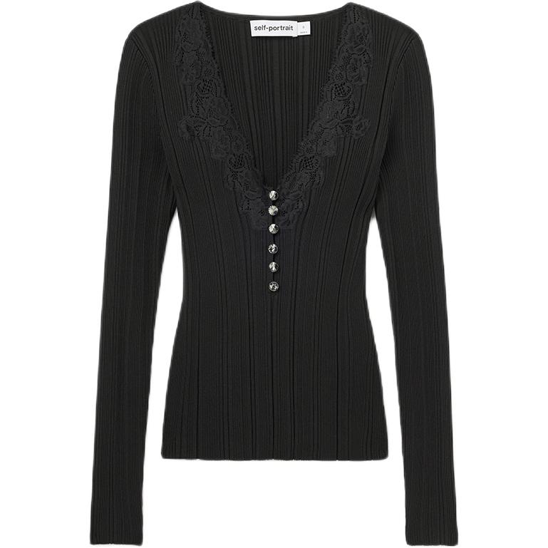 

Топ с кружевной отделкой и ребрами для селфи Self-portrait, черный