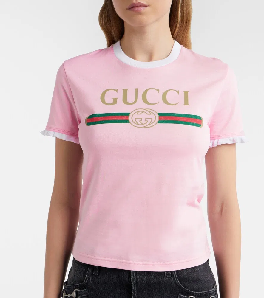 Футболка Gucci с логотипом, с оборками на манжетах, розовый — фото 3
