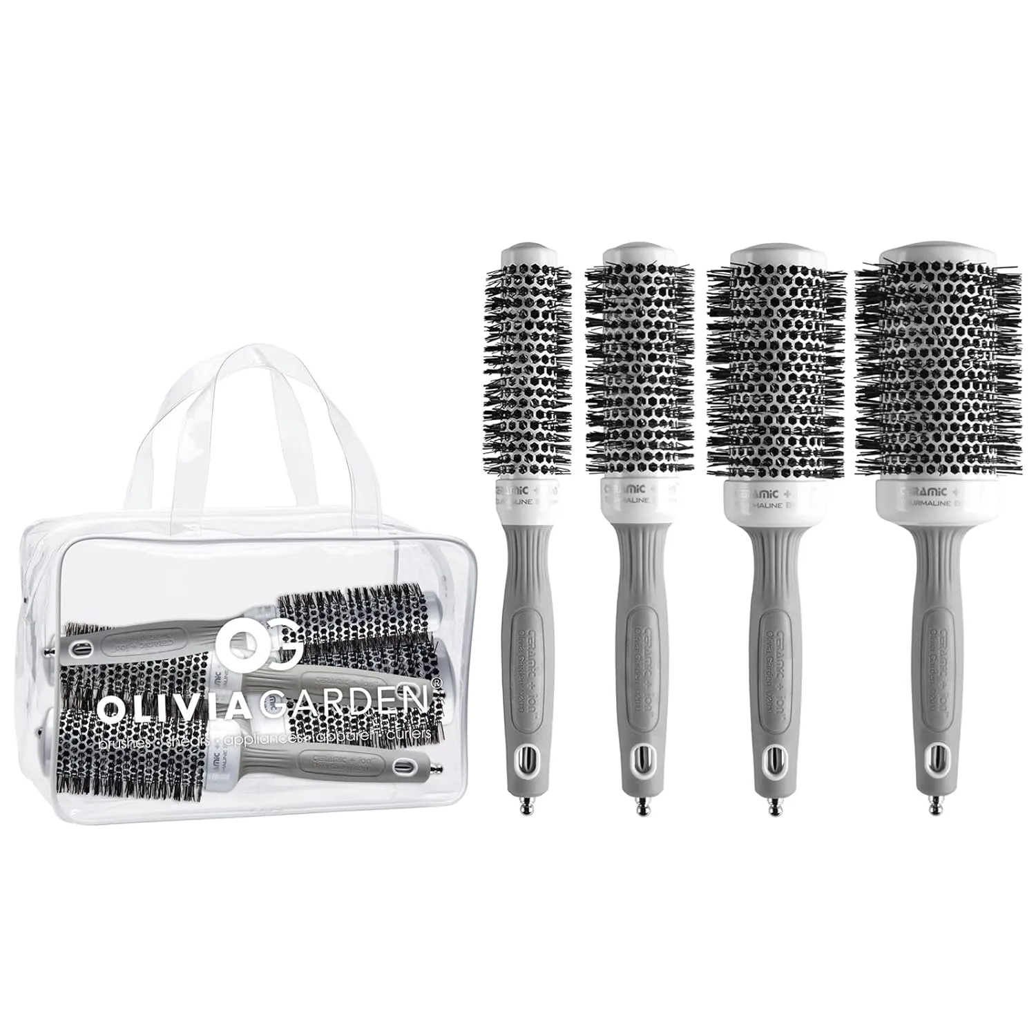 Термощетка для укладки волос Olivia Garden Ceramic + Ion Round Thermal Hair Brush - не электрическая - профессиональная щетка для нормальных и густых волос. Коробка из 4 штук, White/Grey