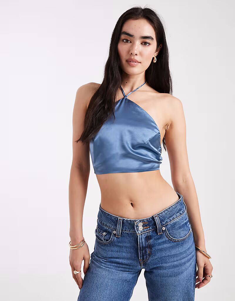 

Топ с завязками на спине и халтером из мягкого атласа сине-зеленого цвета Narrated