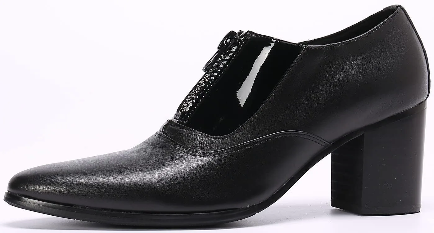 

Мужские туфли Santimon из натуральной кожи черного цвета с толстым каблуком - лоферы без шнурков с декоративным металлом, заклепками, тиснением и молнией - для вечеринок, официальных мероприятий, готического стиля и офиса, черный