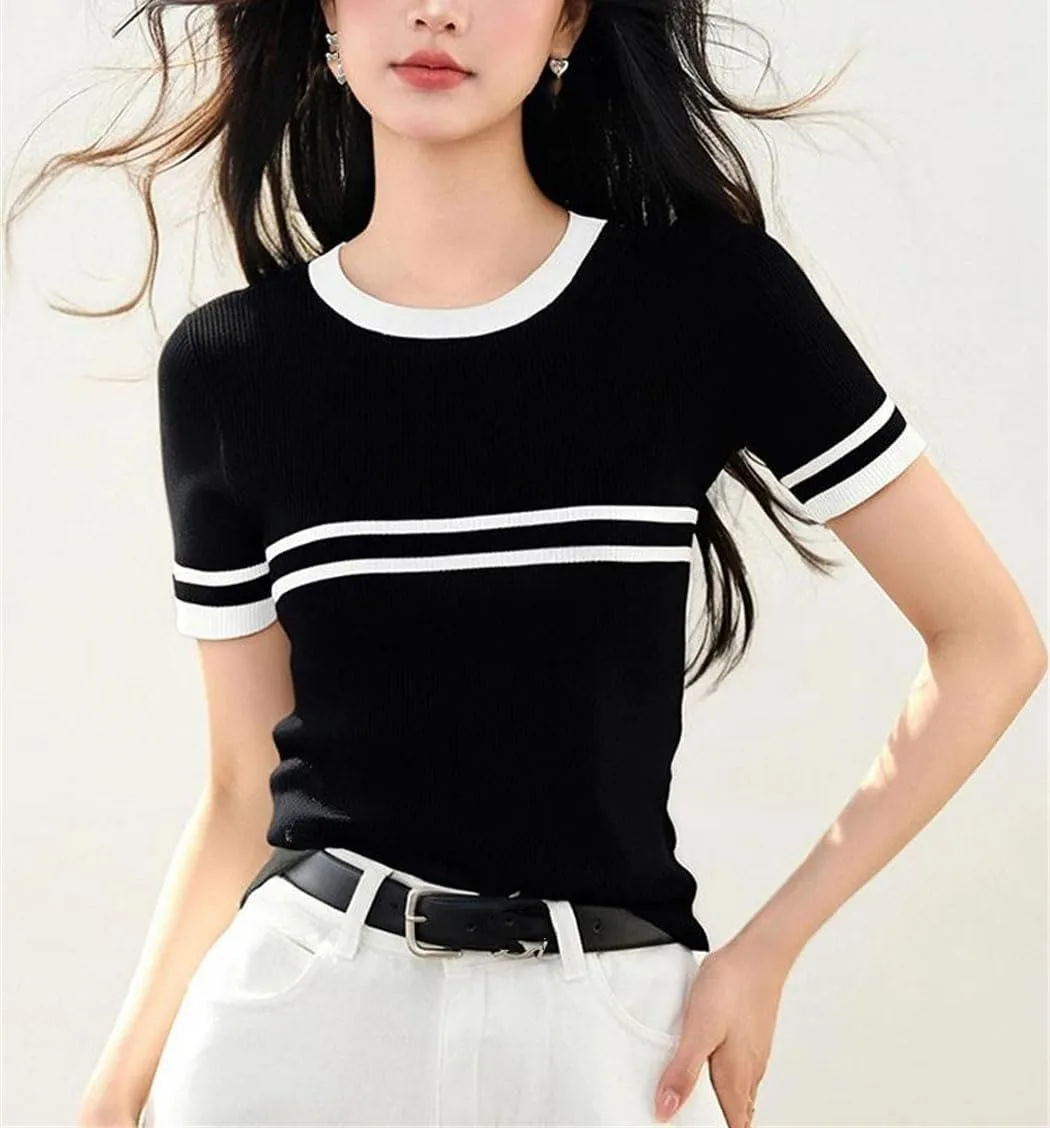 Женская футболка с контрастными полосками, круглый вырез, короткий рукав, Slim Fit — фото 2