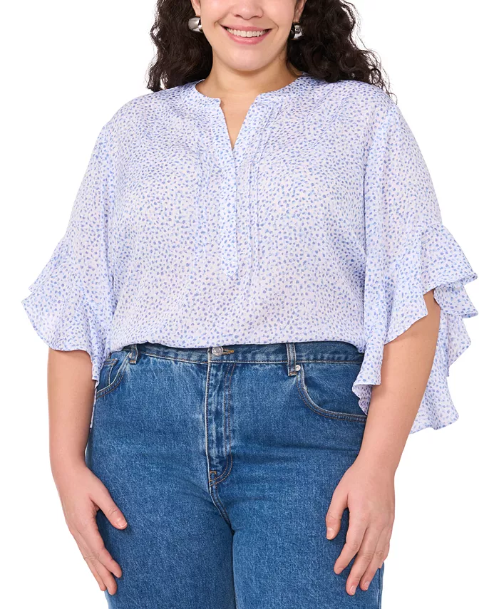 

Блузка с разрезом на горловине и рукавами-рюшами Plus Size Vince Camuto, синий