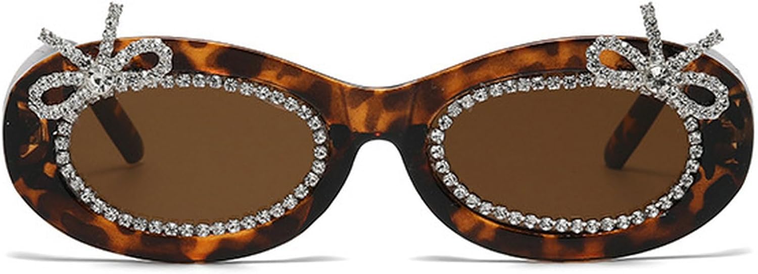 

Овальные солнцезащитные очки с бриллиантовым бантом, женские блестящие очки для фотосессий, солнцезащитные очки со стразами для женщин, защита от ультрафиолета UV400 mincl, Leopard Brown