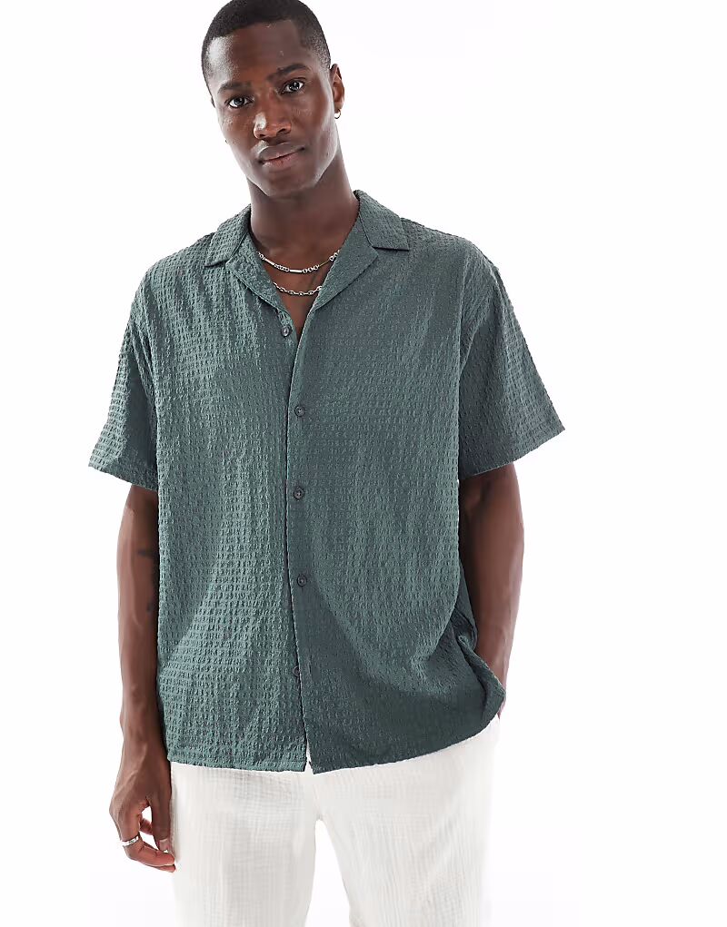 

Рубашка Jack & Jones Revere с короткими рукавами из сирсакера с воротником зеленого цвета