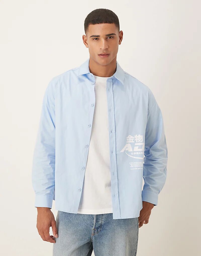 

Свободная рубашка из поплина ASOS DESIGN с квадратным воротником и принтом синего цвета