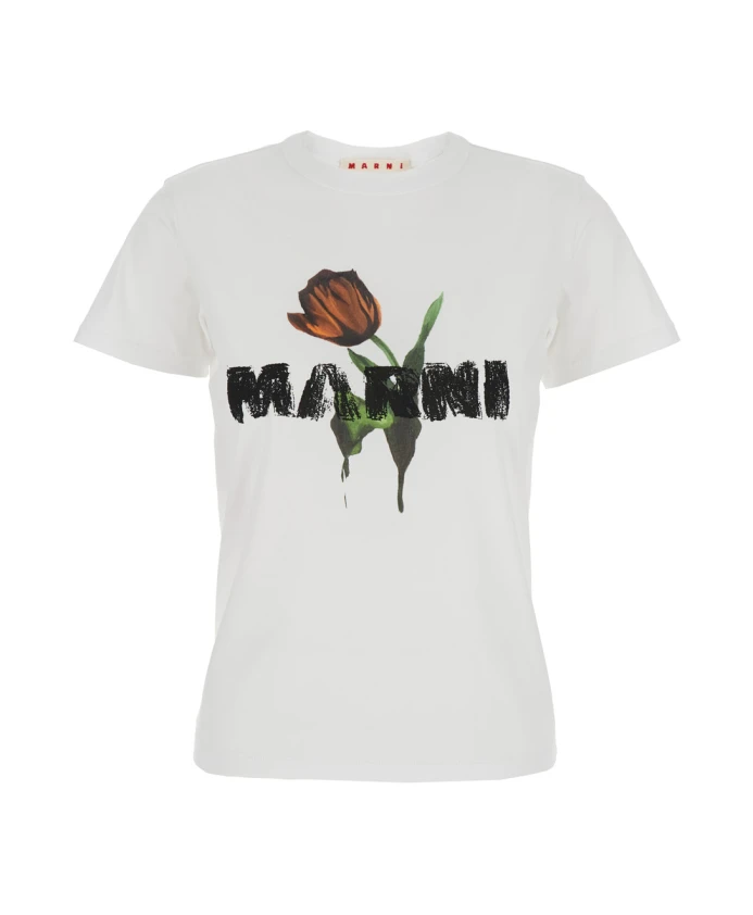

Белая женская хлопковая футболка с круглым вырезом и логотипом Marni, белый
