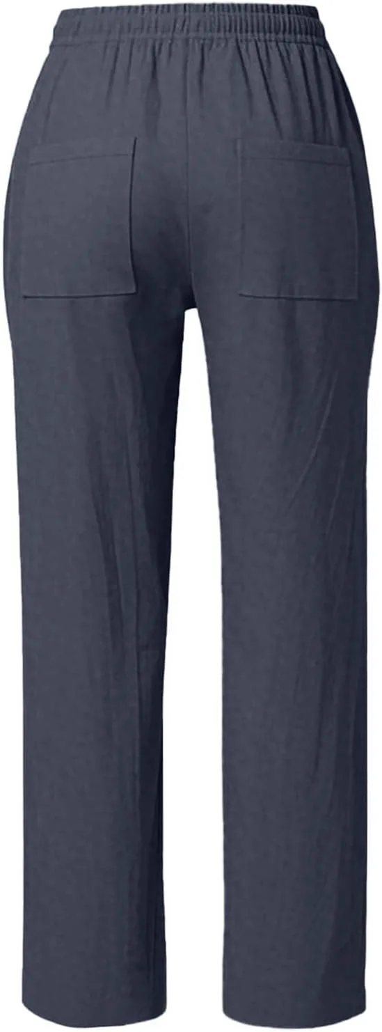 Женские брюки Wide Leg из льна для лета и пляжа, свободного кроя, с высокой посадкой, легкие, хлопок-лен, с карманами Generic, темно-синий — фото 3
