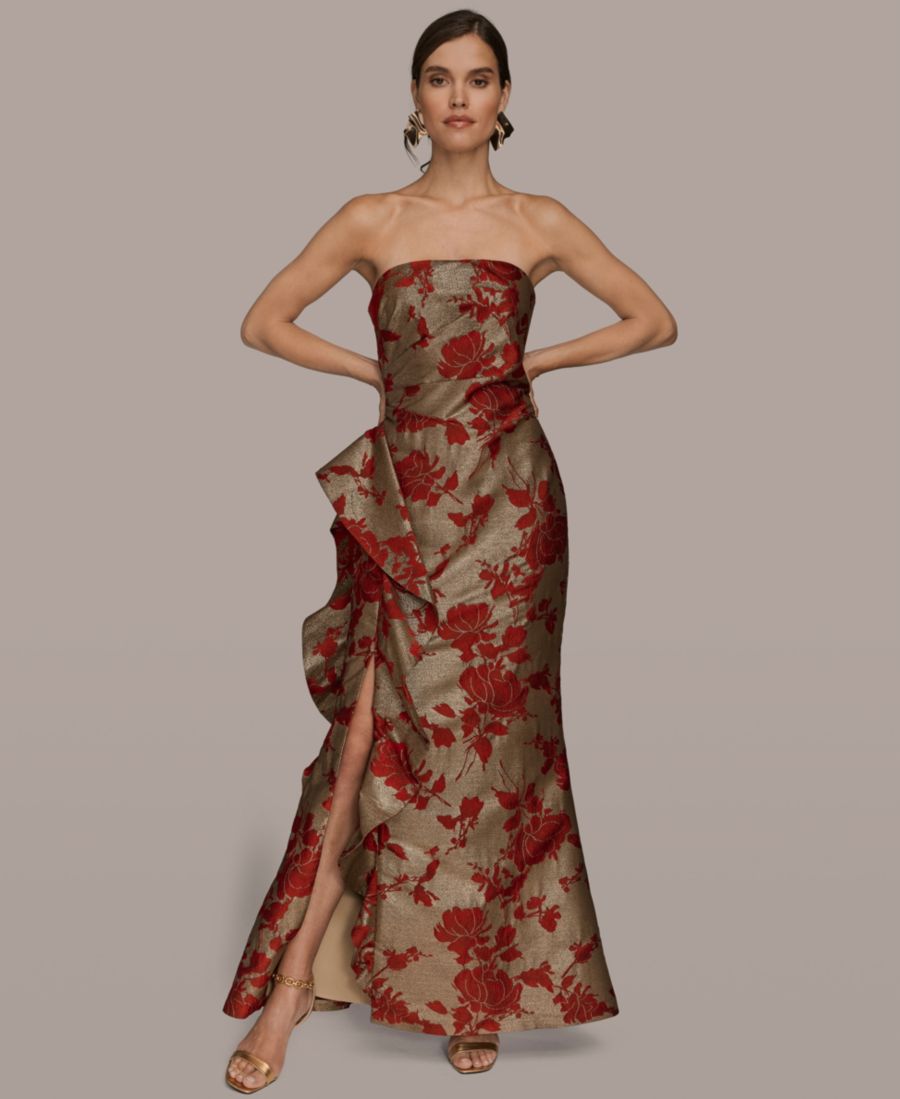 

Женское платье без бретелей с цветочным принтом, сборками и оборками, с разрезом по низу Donna Karan New York, Gold/Autumn Red