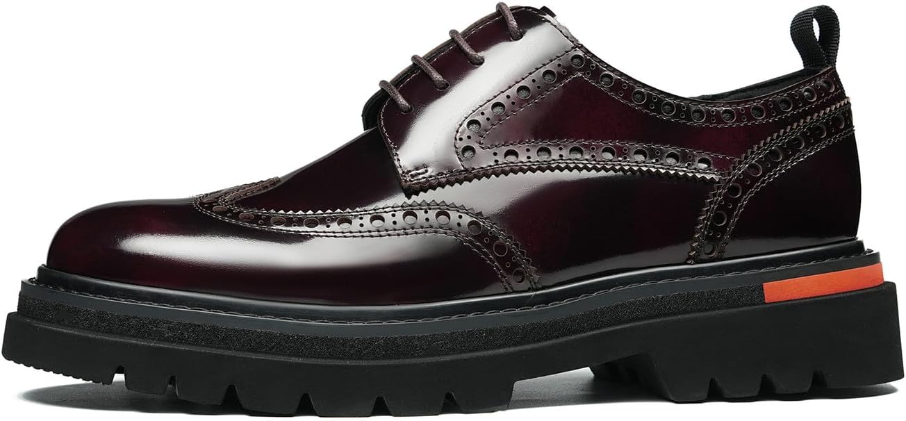 Мужские классические туфли Santimon Wingtip Brogue на шнуровке с грубой подошвой - блестящие дерби из натуральной кожи для повседневного ношения, деловых встреч, выпускного и свадьбы, коричневый — фото 2
