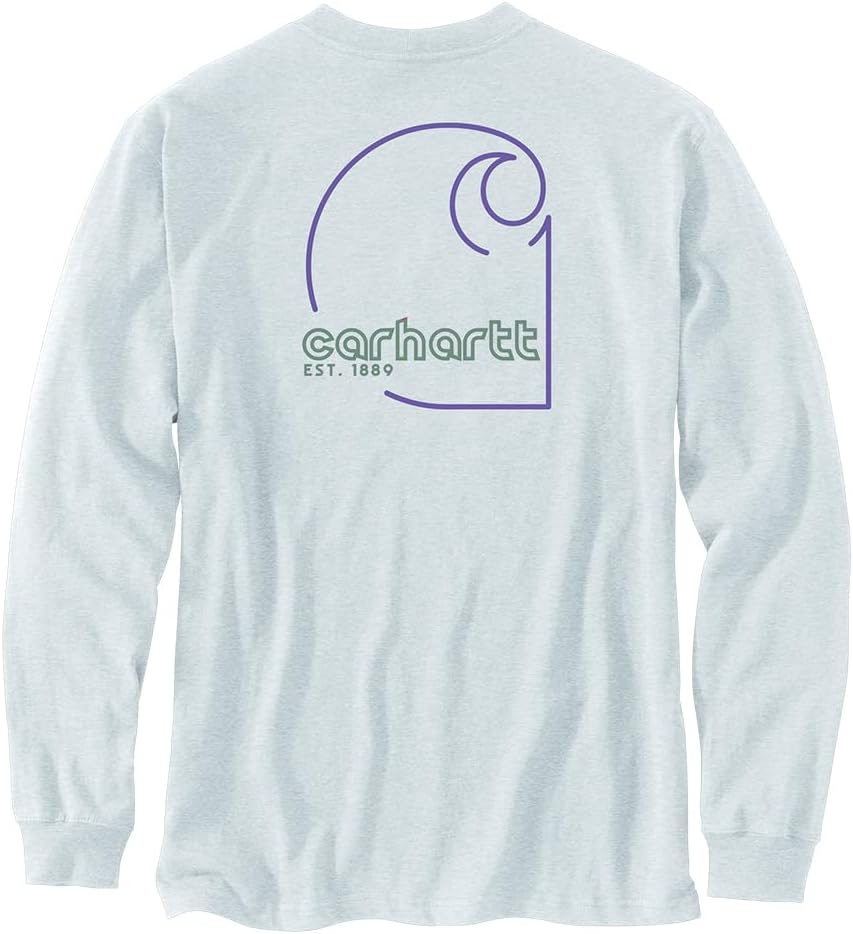 

Мужская свободная футболка Carhartt 106496 из плотной ткани с длинным рукавом и принтом C на кармане, Heather Gray