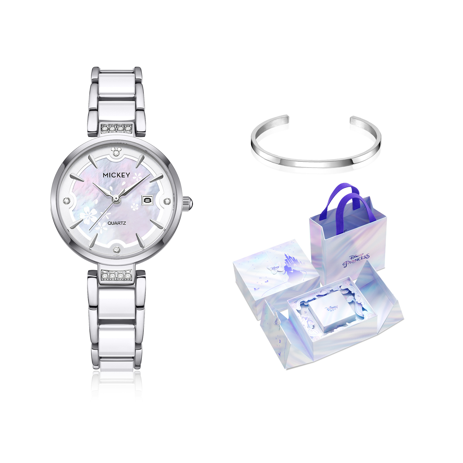 

Часы Princess с кварцевым механизмом, браслетом из нержавеющей стали, женские часы с перламутровым циферблатом Disney, camellia elegance[disney iridescent box+bangle+greeting card]