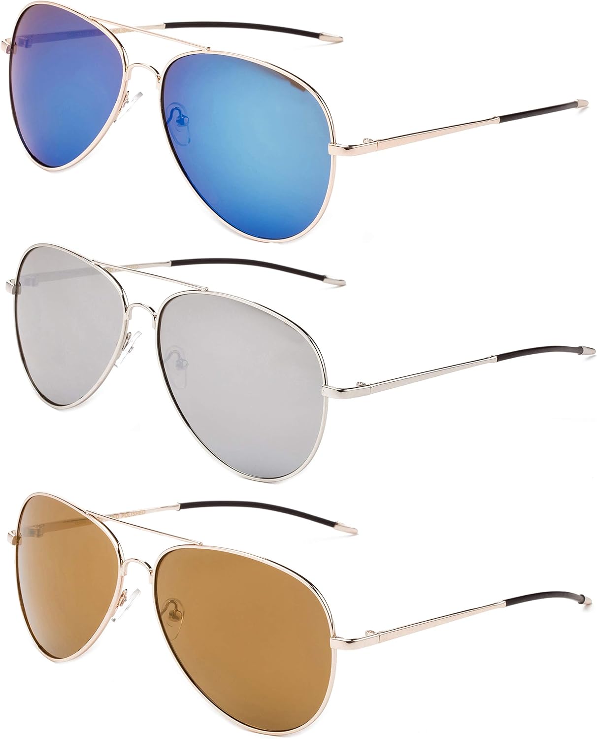 

Комплект из 3 металлических солнцезащитных очков-авиаторов Newbee Fashion с широкой оправой для мужчин и женщин, зеркальные линзы с защитой от УФ-излучения UV400, тонкие резиновые наконечники, 3 Pack Blue, Mirror & Brown