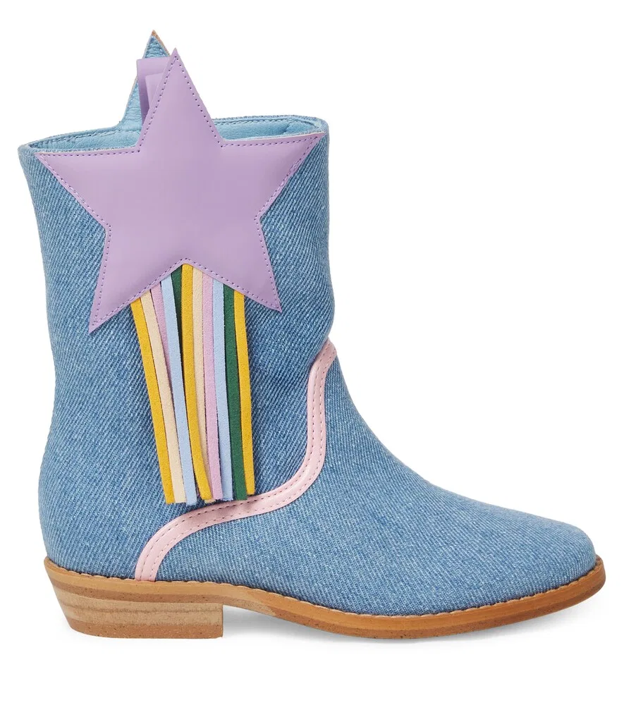 Ковбойские сапоги из джинсовой ткани с бахромой Stella McCartney Kids, синий — фото 4