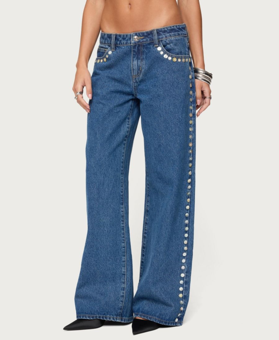 

Женские джинсы свободного кроя с низкой посадкой и переливающимися пуговицами Edikted, Blue-washed