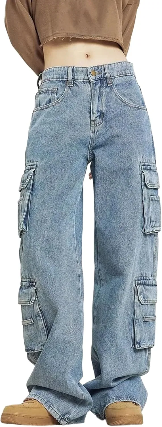 Джинсы свободные, Women Low Rise Cargo Jeans, синие