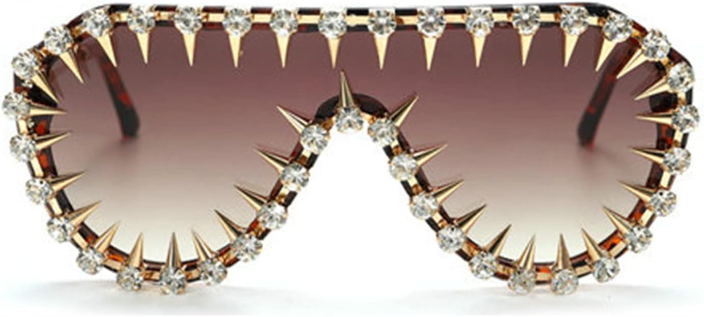 

Willochra Модные футуристические солнцезащитные очки в стиле Y2K с плоским верхом, заклепками, панк-стиль, большой щит, модные солнцезащитные очки для вечеринки со стразами, Brown