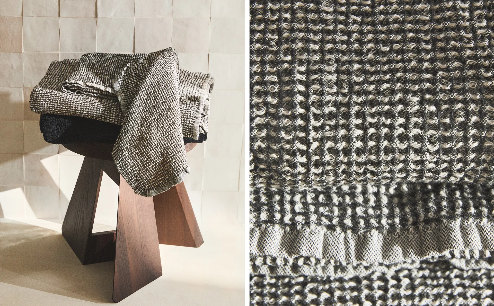 

Полотенце вафельной вязки в клетку Zara Home, экрю/черный
