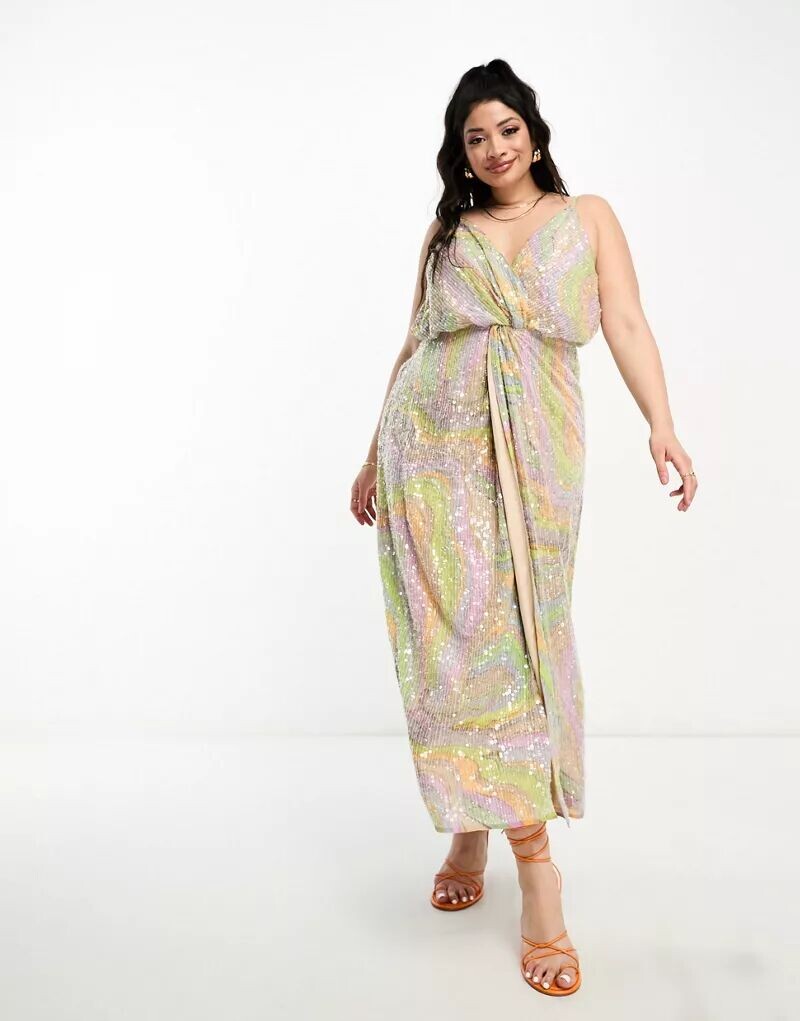 

Платье миди на бретельках с пастельным принтом и пайетками ASOS Curve, Серый, Платье миди на бретельках с пастельным принтом и пайетками ASOS Curve