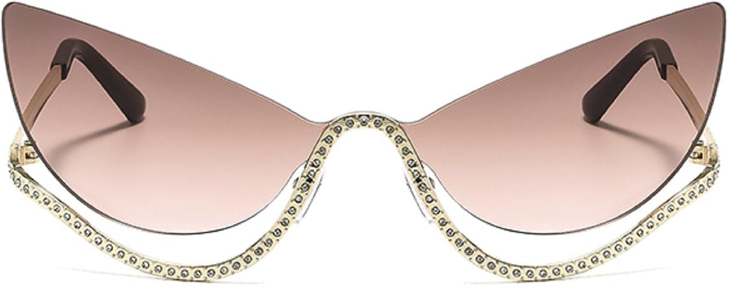 

Ретро-солнцезащитные очки «кошачий глаз» со стразами для женщин, 2025 год, роскошные винтажные металлические безободковые солнцезащитные очки, модные очки для путешествий mincl, Gray Brown