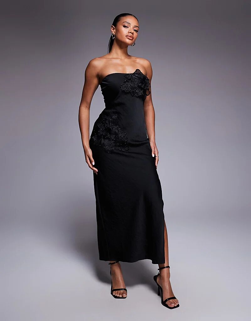 

Платье-бандо макси с цветочной аппликацией ASOS DESIGN черного цвета