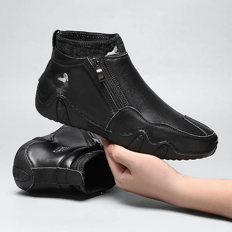 

Мужские повседневные кожаные лоферы RiceelSor с высоким верхом, ручной прошивкой, боковой молнией, ботинки чукка для вождения, на щиколотку, полностью утепленные мехом, теплые, нескользящие, водонепроницаемые, модель для делового стиля, серый