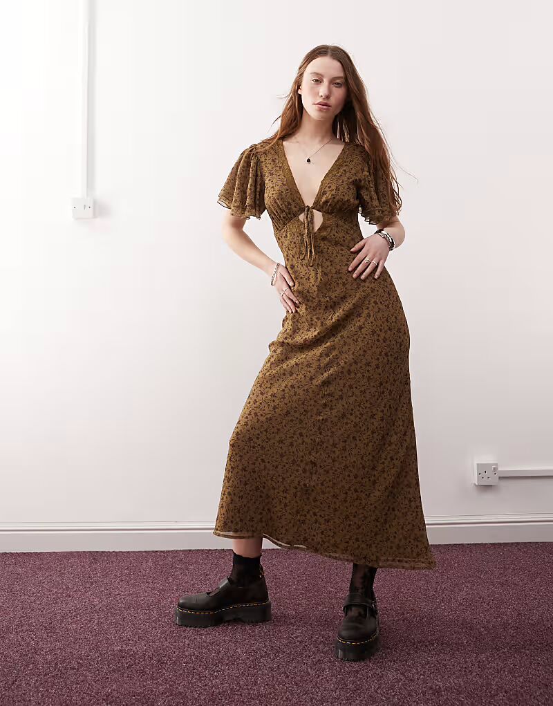 

Платье макси с вырезом-замочной скважиной и кружевом с цветочным принтом Reclaimed Vintage