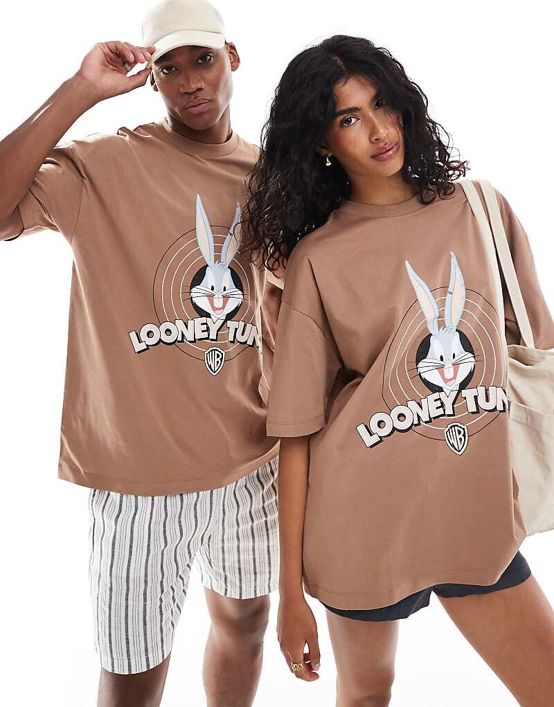

Объемная футболка унисекс ASOS DESIGN с лицензионным коричневым принтом Bugs Bunny Looney Tunes