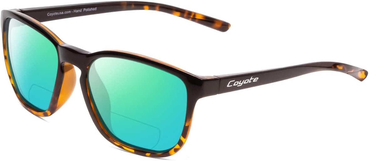 

Дизайнерские квадратные поляризованные солнцезащитные очки Coyote Rambler или бифокальные солнцезащитные очки | Унисекс | 53 мм, Black Tortoise Frame/Green Mirror Lens