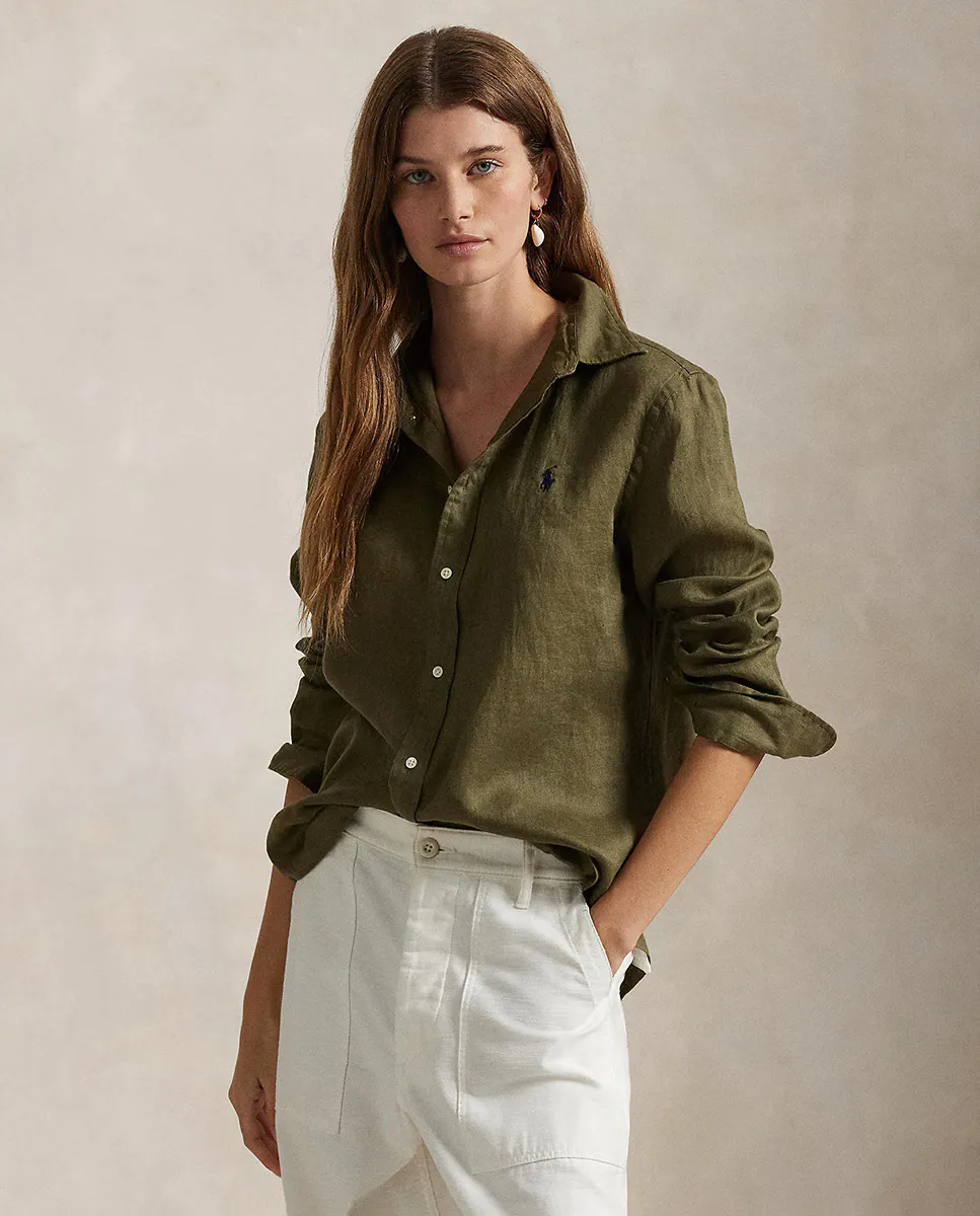 

Женская льняная рубашка с длинными рукавами Polo Ralph Lauren, темно-зеленый