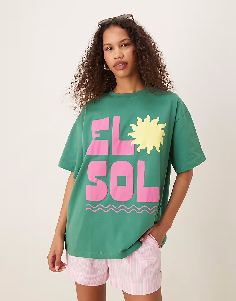 

Футболка свободного кроя ASOS DESIGN зеленого цвета с принтом el sol