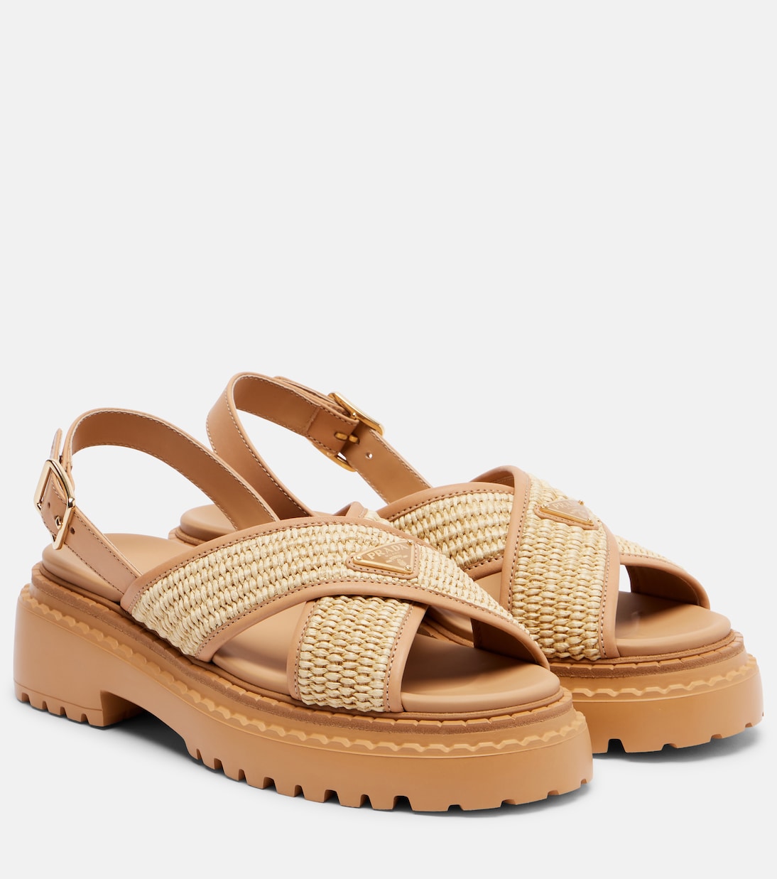 Крючком логотип и кожаные платформенные сандалии Prada, Neutral