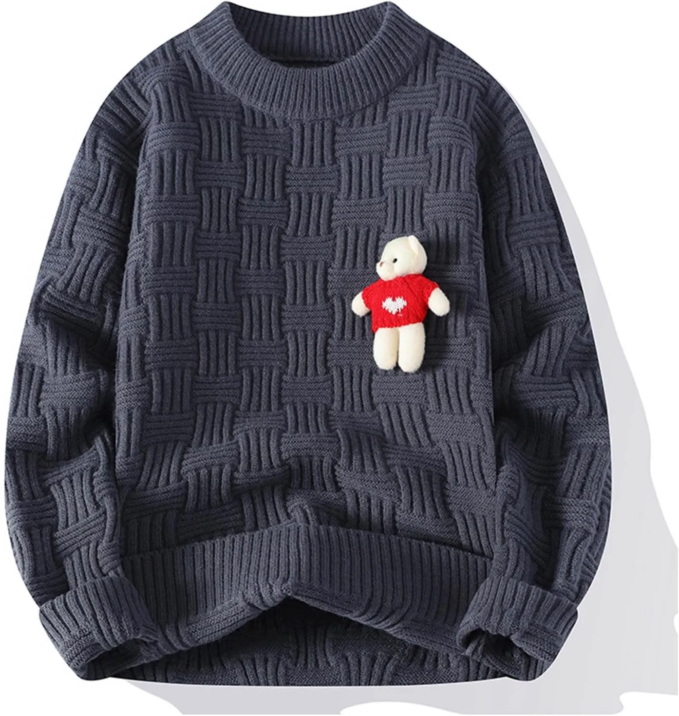 

Мужской свитер с кабельной вязкой и медвежонком, с длинными рукавами и круглым вырезом