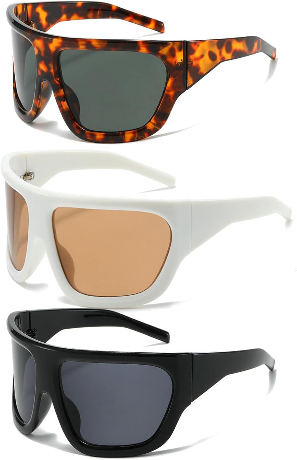 

Солнцезащитные очки Willochra Y2K Wave Mask для женщин и мужчин, большие, серебристые, с зеркальными линзами, футуристический дизайн, стильные, 3pcs-black&whitebrown＆leopard