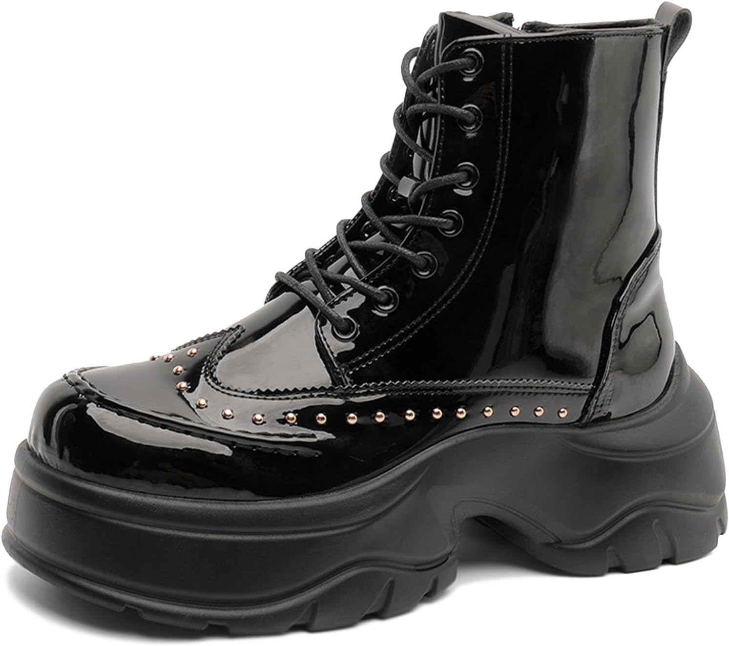 

Мужские ботинки на платформе из лакированной кожи с заклепками, боковой молнией, модные, удобные, с нескользящей массивной квадратной подошвой, готические дезерты-бойцовские ботинки для улицы и мотоциклистов Oxngdmdm, черный