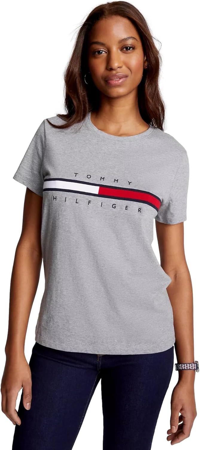 

Женская футболка с полосатым логотипом Tommy Hilfiger, Embroidered-Flag Smoke Grey Heather, Серый, Женская футболка с полосатым логотипом Tommy Hilfiger, Embroidered-Flag Smoke Grey Heather