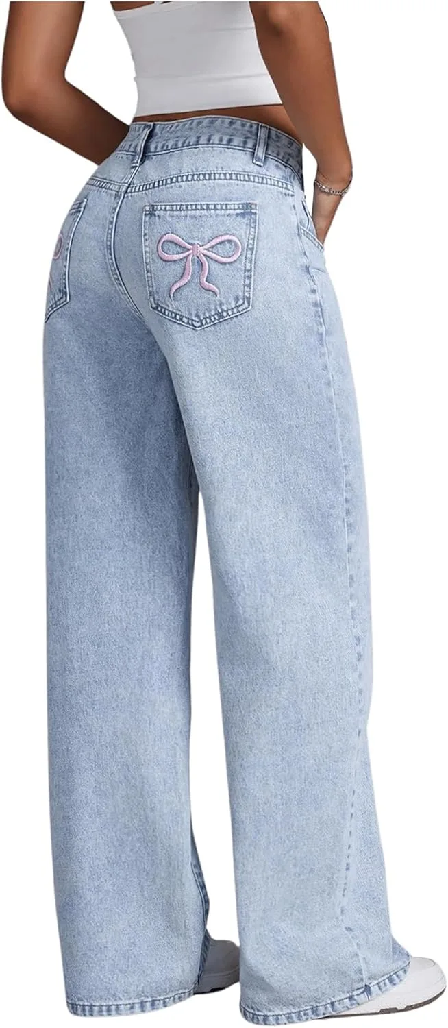 

Женские джинсы с вышивкой бантиком, Y2k прямые бойфренды