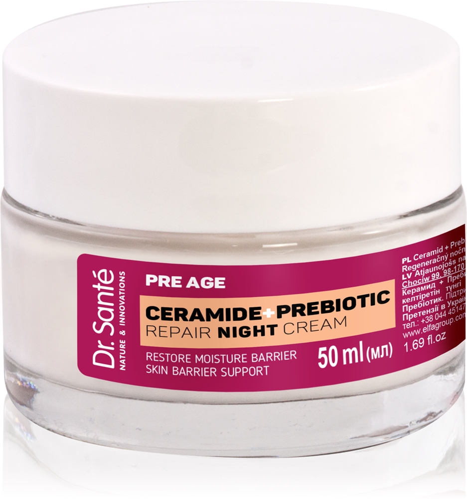 

Ночной восстанавливающий крем Pre age с церамидами и пребиотиками для зрелой кожи Dr. Santé, 50 мл