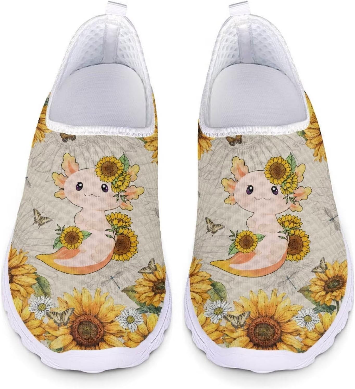 

Женские и мужские кроссовки для ходьбы, сетчатые, с плоской подошвой, без застежки, дышащие, размеры США 5-12 Xixirimido, Axolotl Sunflower