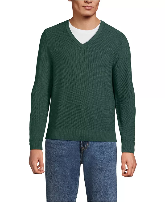 

Мужской длинный рукав стираемая шерсть мериноса V-образный вырез свитер Lands' End, зеленый