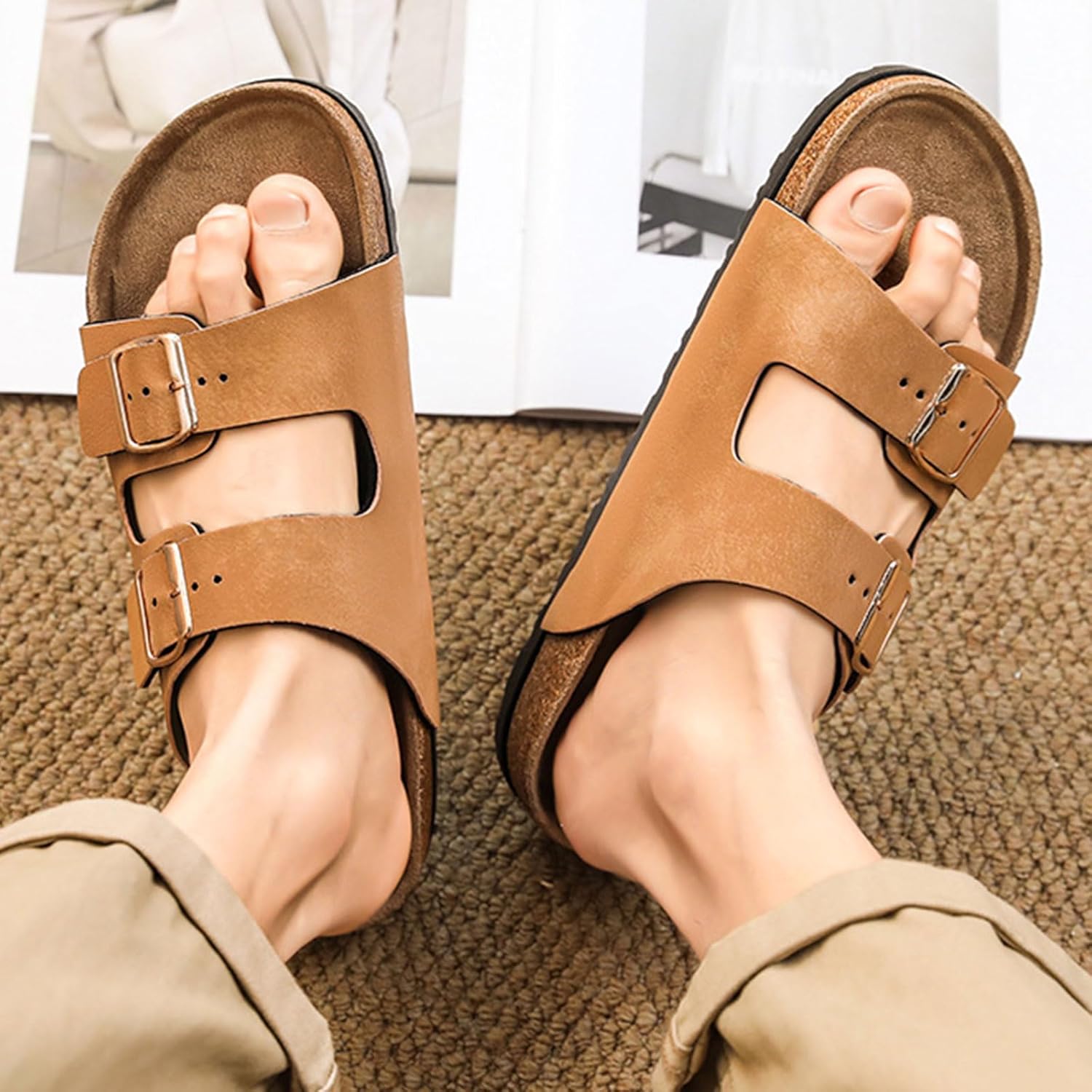 Сандалии Titype Cork Footbed с поддержкой свода для женщин и мужчин, регулируемая пряжка, натуральная кожа, удобные летние сандалии для улицы и пляжа, хаки — фото 2